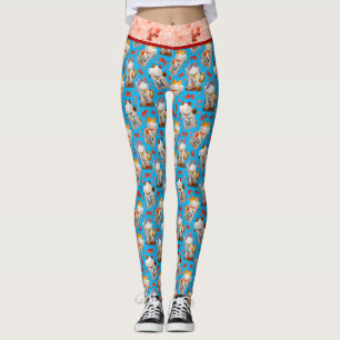 Retro Blue Pink Japanisch Maneki Neko Cat und Koi Leggings