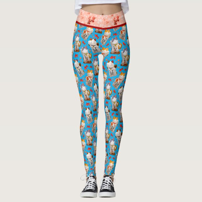 Retro Blue Pink Japanisch Maneki Neko Cat und Koi Leggings (Vorderseite)