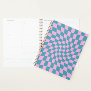 Retro Blue Pink Warped Checkerboard Checked Planer