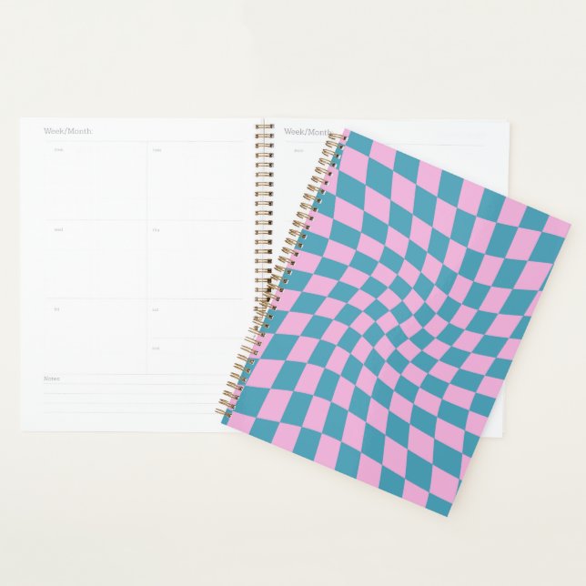 Retro Blue Pink Warped Checkerboard Checked Planer (Anzeige)