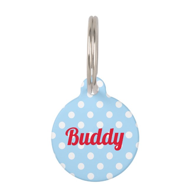 Retro Blue Polka Dots Dog Pup Katze Name Niedlich Haustiermarke (Vorderseite)