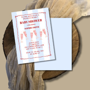 Retro Blue Red Border Brunch & Bubbly Babydusche Einladung