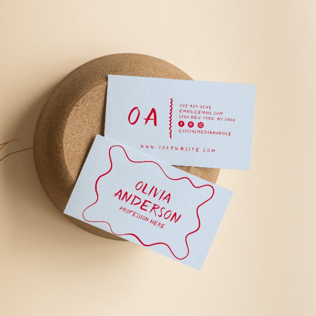 Retro Blue Red Hand Writing Boho Unique Border Visitenkarte (Von Creator hochgeladen)