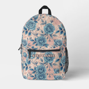 Retro Blue Rose Muster auf weichrosa Hintergrund Bedruckter Rucksack