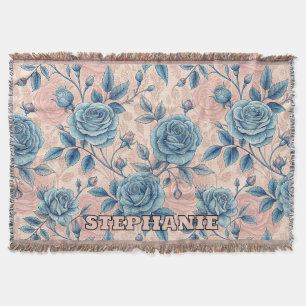 Retro Blue Rose Muster auf weichrosa Hintergrund Decke