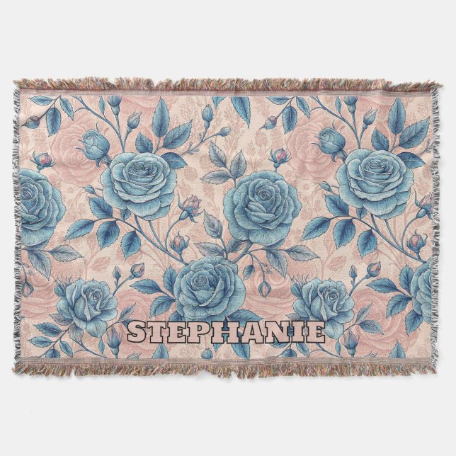 Retro Blue Rose Muster auf weichrosa Hintergrund Decke (Vorderseite)