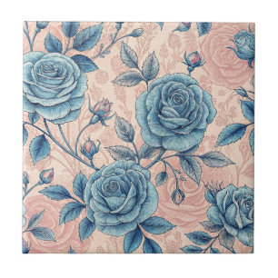 Retro Blue Rose Muster auf weichrosa Hintergrund Fliese