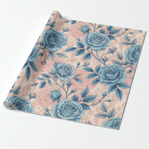 Retro Blue Rose Muster auf weichrosa Hintergrund Geschenkpapier
