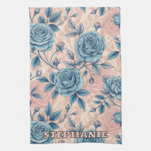 Retro Blue Rose Muster auf weichrosa Hintergrund Geschirrtuch