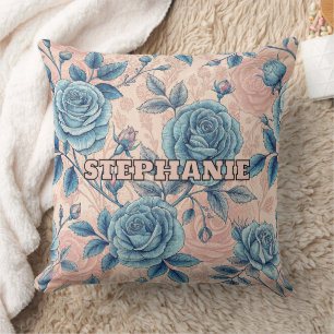 Retro Blue Rose Muster auf weichrosa Hintergrund Kissen
