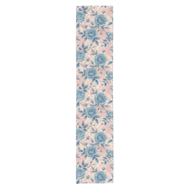 Retro Blue Rose Muster auf weichrosa Hintergrund Kurzer Tischläufer (Vorderseite)