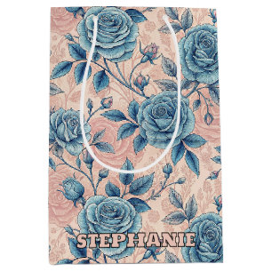 Retro Blue Rose Muster auf weichrosa Hintergrund Mittlere Geschenktüte