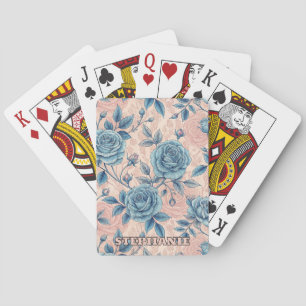 Retro Blue Rose Muster auf weichrosa Hintergrund Spielkarten