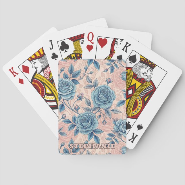 Retro Blue Rose Muster auf weichrosa Hintergrund Spielkarten (Rückseite)