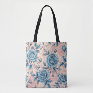 Retro Blue Rose Muster auf weichrosa Hintergrund Tasche