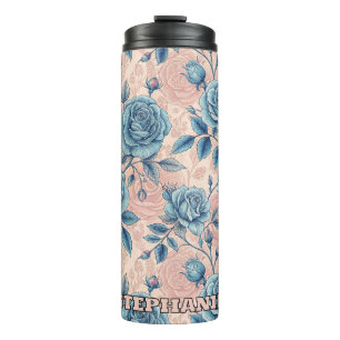 Retro Blue Rose Muster auf weichrosa Hintergrund Thermosbecher