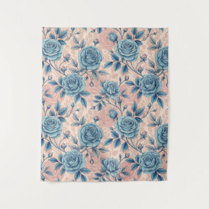 Retro Blue Rose Muster auf weichrosa Hintergrund Wandteppich