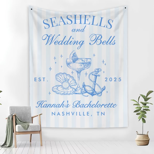 Retro Blue Seashells & Wedding Bells Bachelorette Fleecedecke (Von Creator hochgeladen)