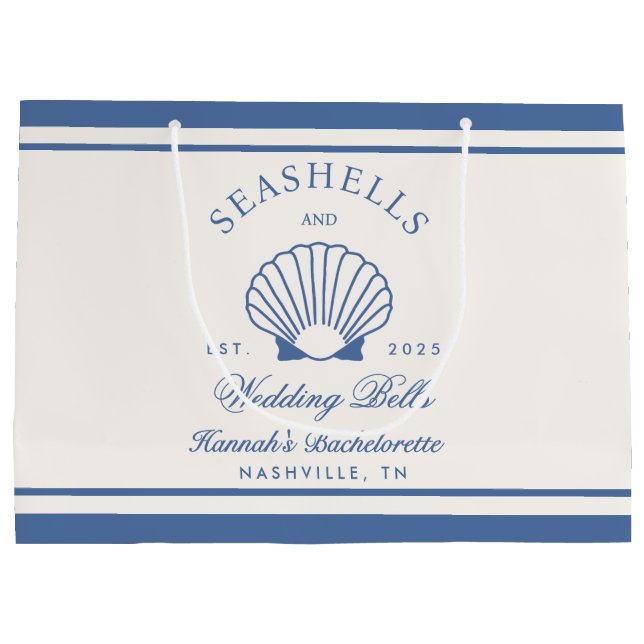 Retro Blue Seashells & Wedding Bells Bachelorette Große Geschenktüte (Rückseite)