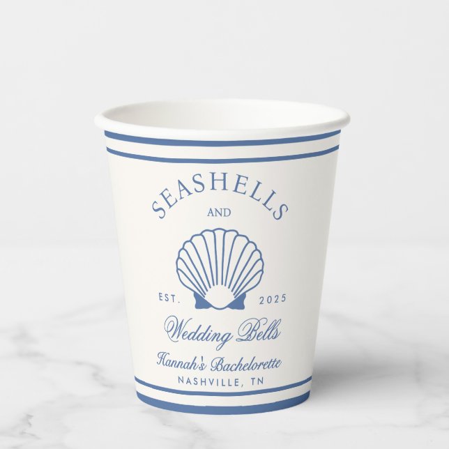 Retro Blue Seashells & Wedding Bells Bachelorette Pappbecher (Vorderseite)