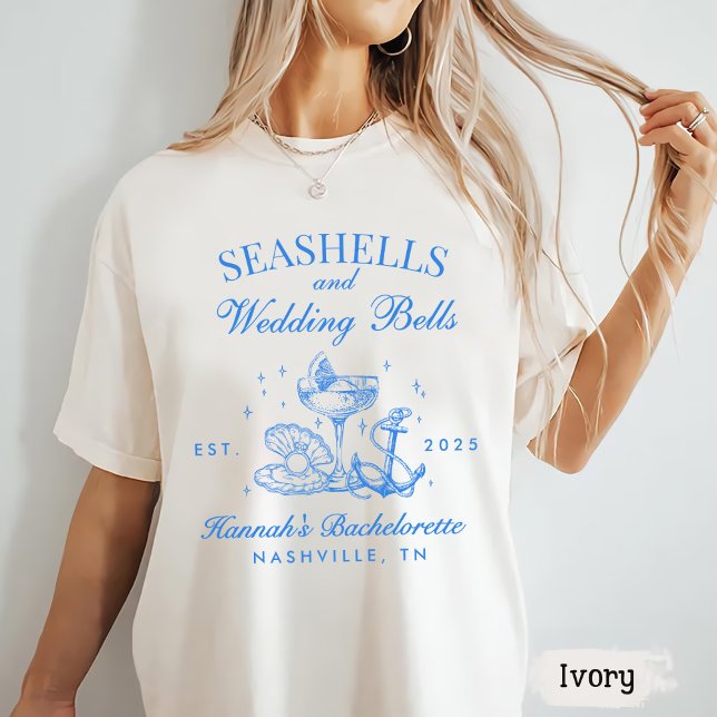 Retro Blue Seashells & Wedding Bells Bachelorette T-Shirt (Von Creator hochgeladen)