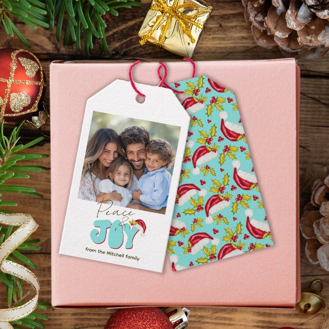 Retro Blue Simple Foto Peace and Freude Christmas Geschenkanhänger (Von Creator hochgeladen)