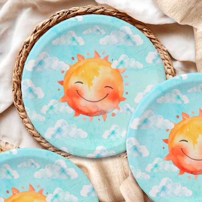 Retro Blue Sky Boho Happy Sunshine Baby Shower Pappteller (Von Creator hochgeladen)