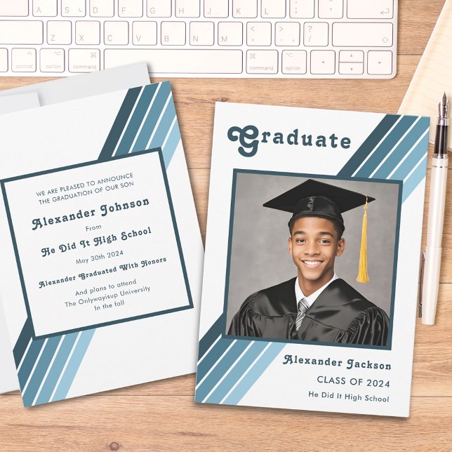 Retro Blue Stripe Grad Foto High School Ankündigung (Retro blue groovy 70s vintage grad photo high school graduation announcement card)