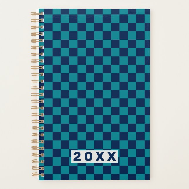 Retro Blue Teal Checkerboard 2026 Planer (Vorderseite)