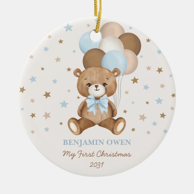 Retro Blue Teddy Bear Balloons Baby 1. Weihnachten Keramik Ornament (Vorne)