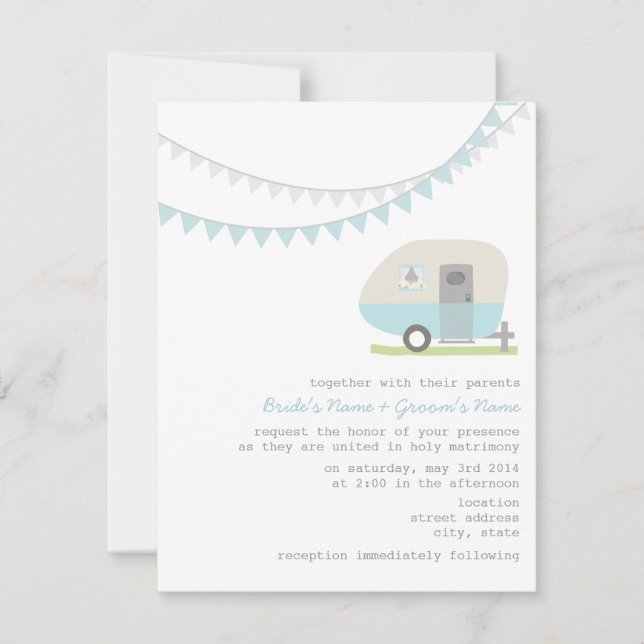 Retro Blue Trailer Hochzeit Einladung (Vorderseite)