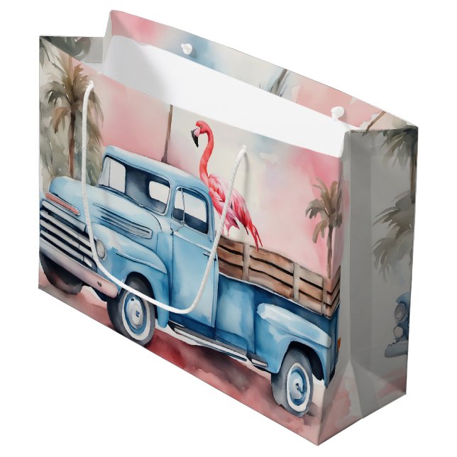 Retro Blue Truck mit Flamingo Große Geschenktüte (Vorderseite Schrägansicht)