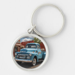 Retro Blue Truck Travel Round Keychain Schlüsselanhänger