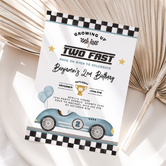 Retro Blue Two Fast Race Car Boy 2. Geburtstag Einladung