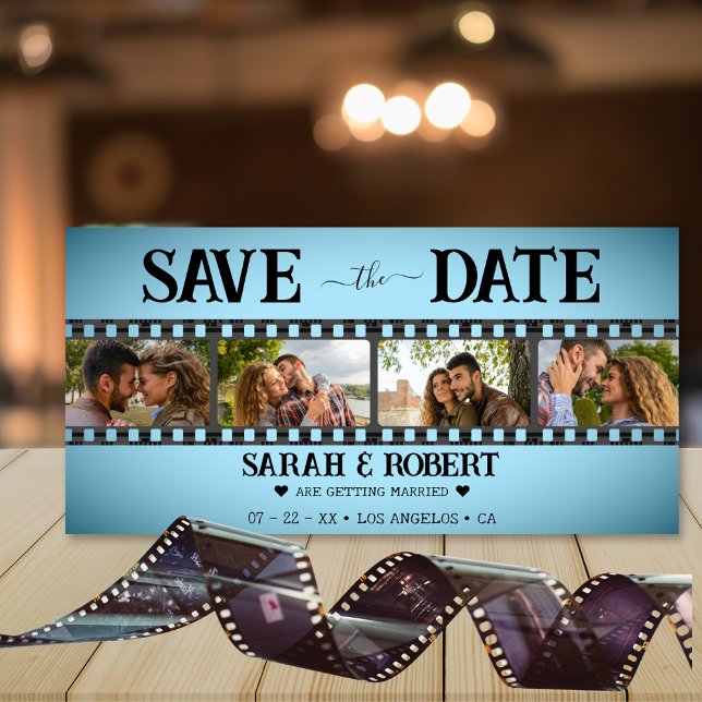 Retro Blue Vignette Foto Collage Film Streifen Save The Date (Blue Retro Vignette Photo Collage Film Strip Save The Date)