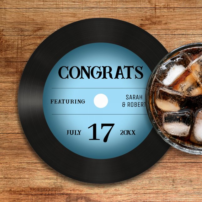 Retro Blue Vinyl Record Hochzeitsgratulation Runder Pappuntersetzer (Retro Blue Vinyl Record Wedding Congratulations Round Paper Coaster
)
