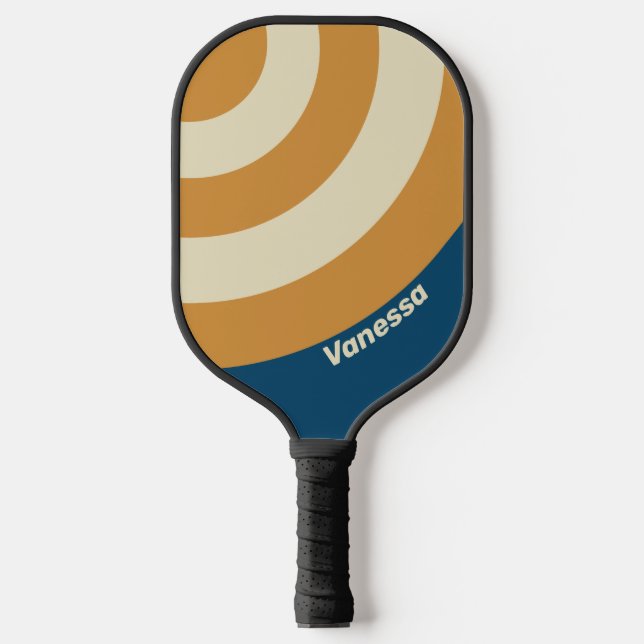 Retro Blue Wave Circle Streifen mit Namen Pickleball Schläger (Vorderseite)