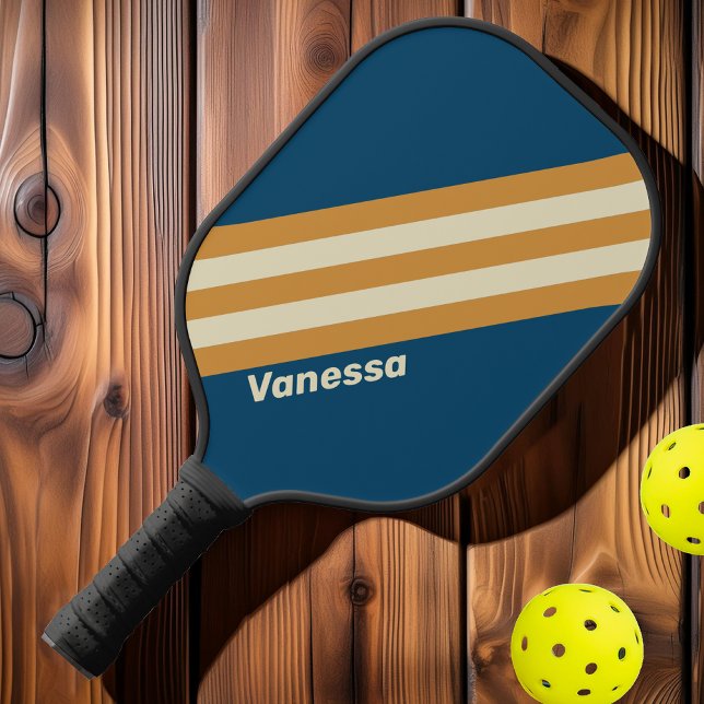 Retro Blue Wave Streifen mit Namen Pickleball Schläger (Von Creator hochgeladen)