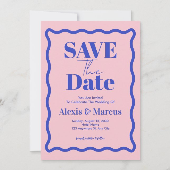 Retro Blue Wavy Squiggle Foto Wedding Save The Date (Vorderseite)