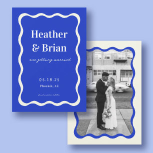 Retro Blue Wavy Squiggle Foto Wedding Save The Date