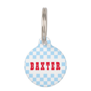 Retro Blue White Checkered Doppy Cat Name Haustiermarke