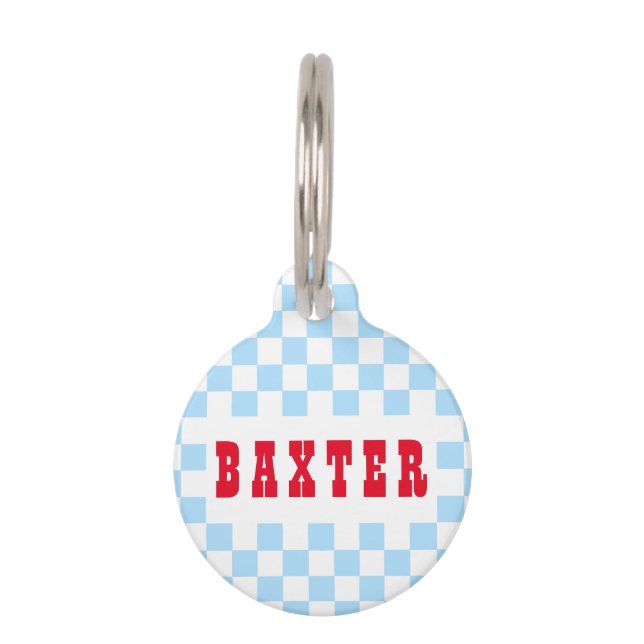 Retro Blue White Checkered Doppy Cat Name Haustiermarke (Vorderseite)