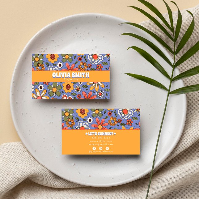 Retro Blue Yellow Boho Groovy Floral 70er Trendy Visitenkarte (Von Creator hochgeladen)