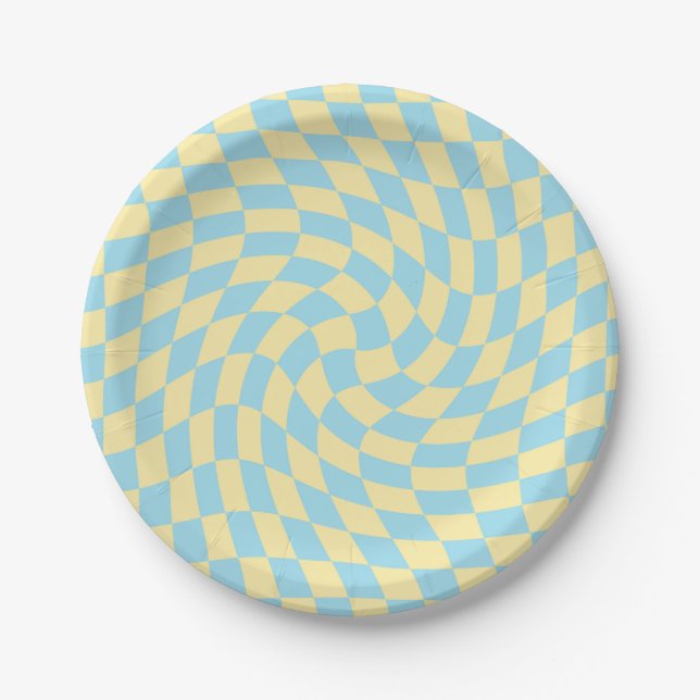 Retro Blue Yellow Karos Warmer Checkerboard Pappteller (Vorderseite)