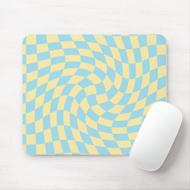Retro Blue Yellow Pastor Warped Checkerboard Mousepad (Mit Mouse)