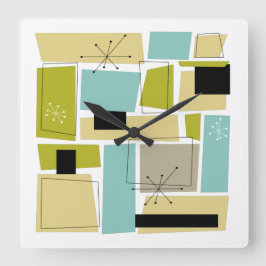 Retro Blue Yellow Squares Mitte des Jahrhunderts M Quadratische Wanduhr