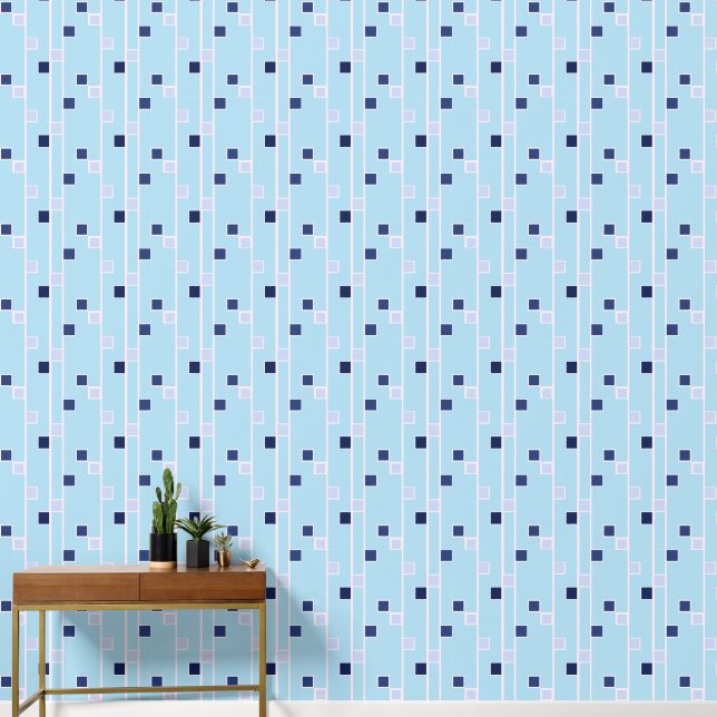 Retro Blues Streifen und Quadrate Tapete (Korridor)