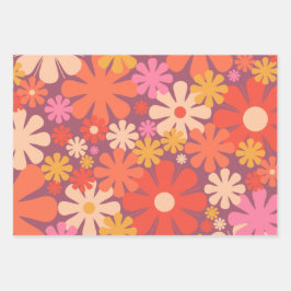 Retro Blume 60er 70er Ästhetisches Blumenmuster Geschenkpapier Set
