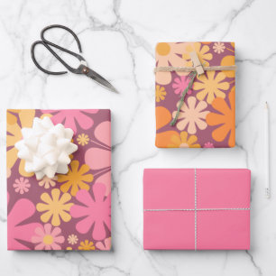 Retro Blume 60er 70er Ästhetisches Blumenmuster Geschenkpapier Set
