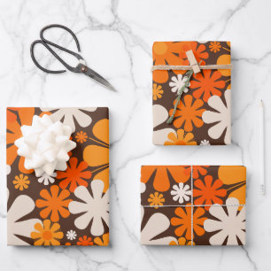 Retro-Blume 60er 70er Blumenmuster braune Orange Geschenkpapier Set
